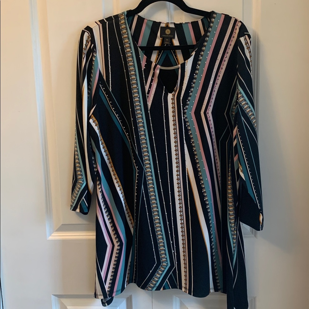 JM Collection Black Tunic with Pink and Cream Stripes